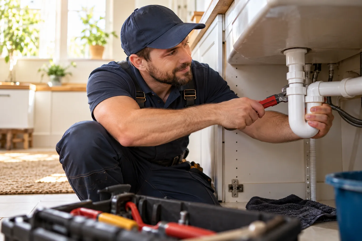 A plumber working on household pipes